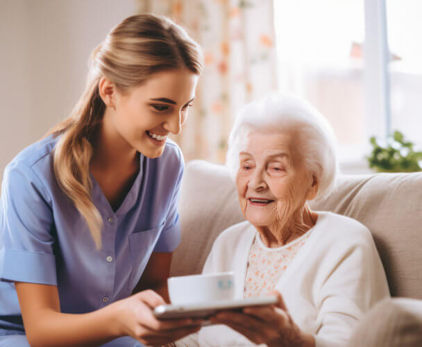 Smiling Elderly and Caregiver